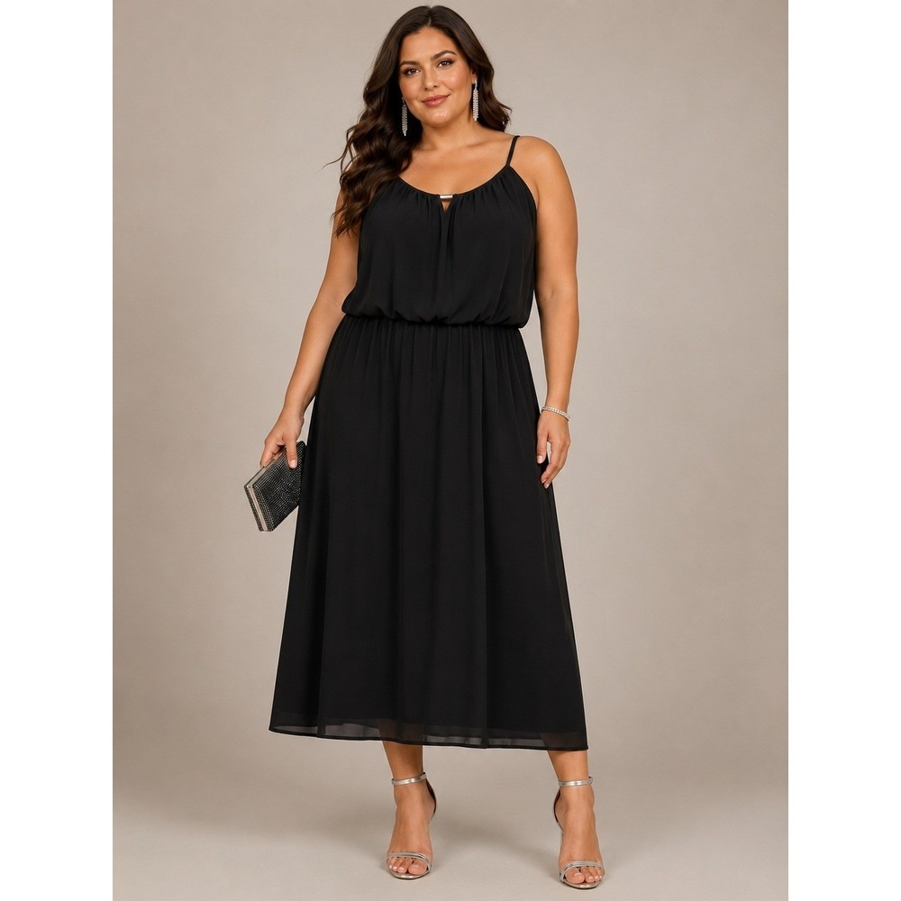 Style & Co Maxi Dress 1X Black Keyhole Blouson Spaghetti Strap Cocktail‎ Event